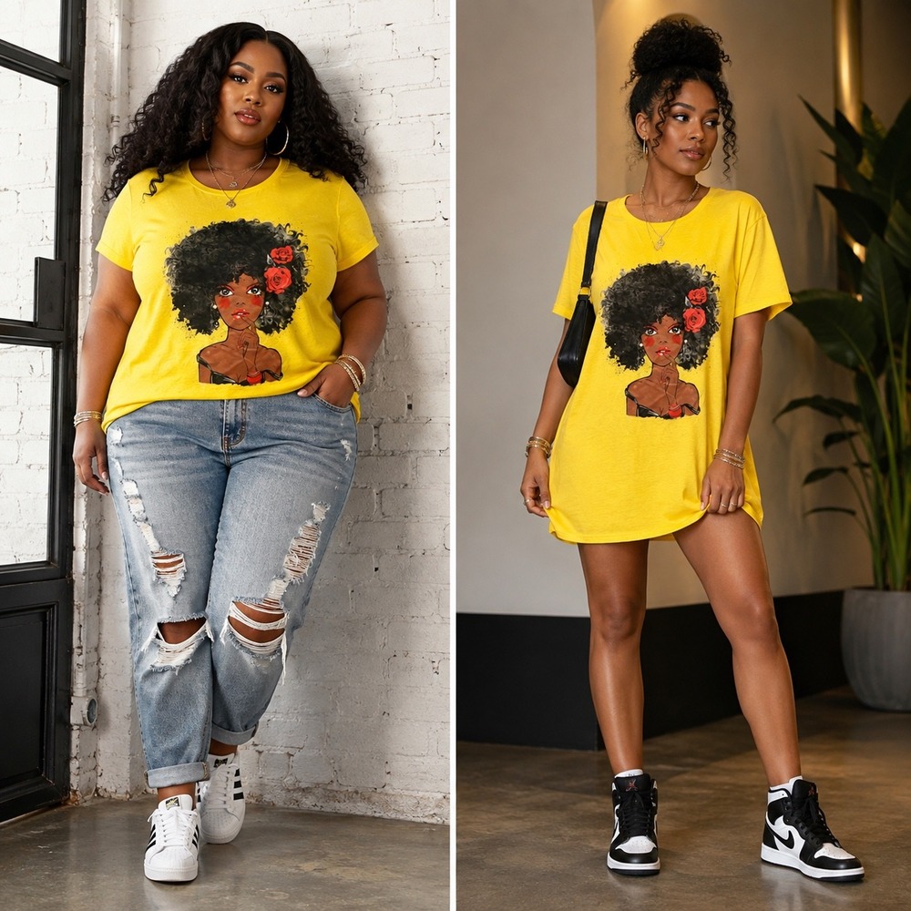 Rainbow Yellow Graphic Tee | Afro Art Face Print | 3XL Plus Size